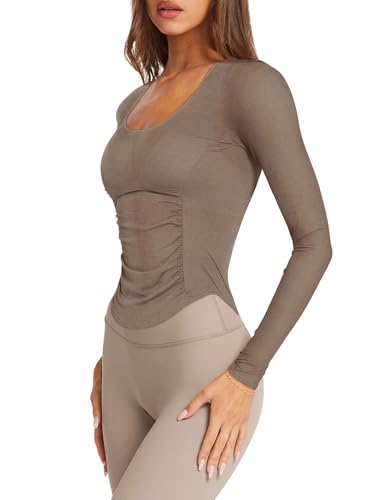 LASLULU Womens Long Sleeve Workout Tops Active Sheer Fitted Open Back Gym Yoga Athletic Running Tops Wrap Top Pilates Outfits