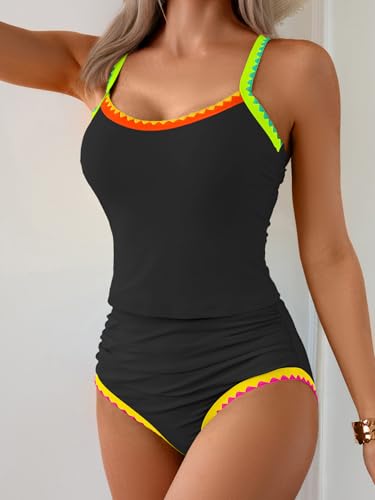 Eomenie Tankini Swimsuit for Women Tummy Control Ruched Two Piece Bathing Suits High Waisted Shell Stitch Swimwear