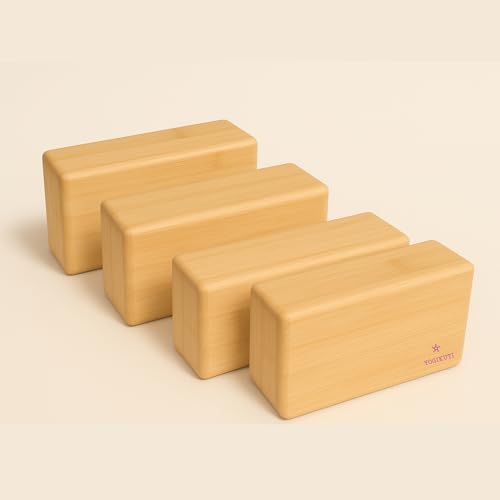 Yogikuti Bamboo Yoga Block Set of 4 – Premium Wooden Support Block for Iyengar Yoga, Pilates and Fitness – Lightweight, St...