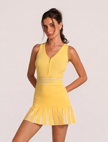 ABOCIW Womens Half Zip Knit Tennis Dress Colorblock Pleated Athletic Dress Sleeveless Workout Golf Dresses with Shorts