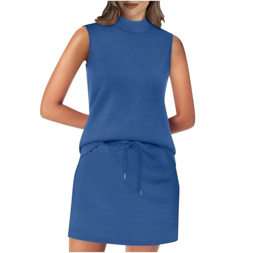 Women Two Piece Skirt Sets Beach Vacation Sleeveless Workout Mock Neck Solid Color Tennis Skirt Summer Golf Dresses