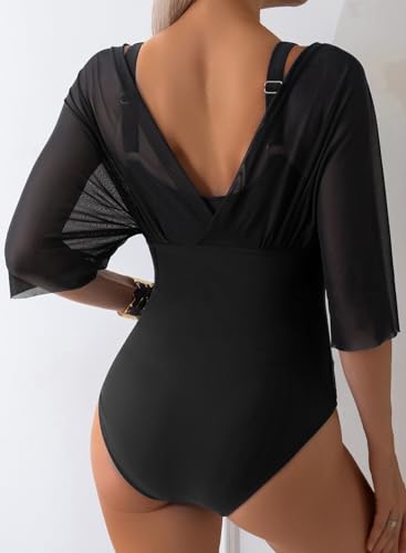 Aleumdr Women's One Piece Swimsuit Modest Tummy Control Bathing Suit V Neck Mesh Sleeve Slimming Swimwear Beachwear