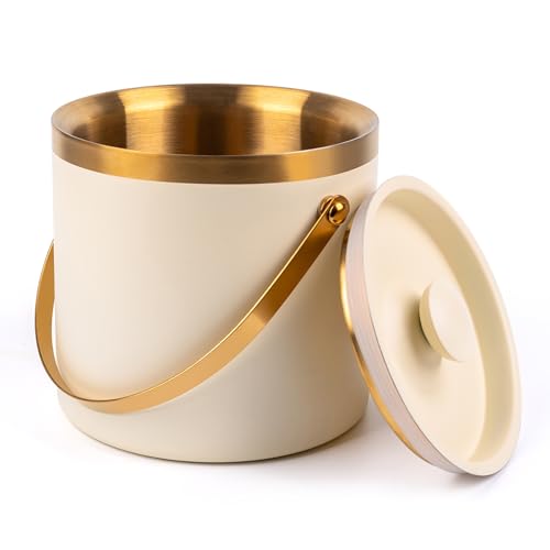 3L beige white Double Wall Insulated Stainless Steel Ice Bucket with scoop for Cocktail Bar,Metal Ice Bucket for freezer w...