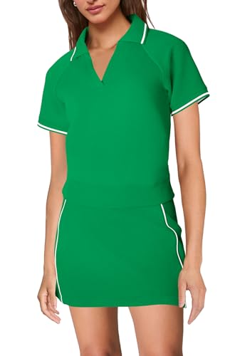 SENSERISE Womens Workout Sets 2 Piece Outfits V Neck Short Sleeve Polo Shirt and Tennis Skort Set with Pockets