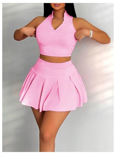 RoseSeek Women's 2 Piece Tennis Skirt Set Sleeveless Racerback Crop Tank Tops High Waisted Pleated Mini Skirt Outfits
