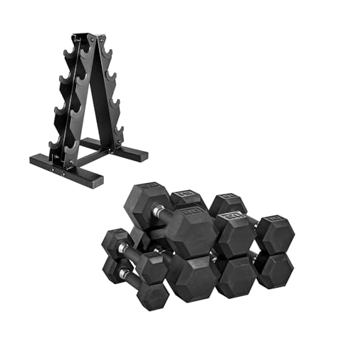 CAP 100 LB Coated Hex Dumbbell Weight Set with Comfort Grip and with Vertical Rack