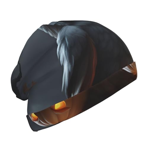 Halloween Owl Ghost Pumpkin Print Beanie Hat Soft Thermal Cap Winter Headwear for Cold Indoor Outdoor Activities Black