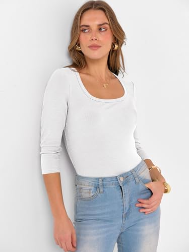 ANRABESS Womens 3/4 Sleeve Scoop Neck Tops Ribbed Knit Slim Fitted Casual Basic Tee Shirts 2025 Fall Trendy Going Out T-Shirt