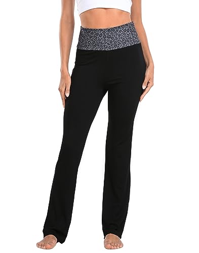 HDE Women's Color Block Fold Over Waist Yoga Pants Flare Leg Workout Leggings