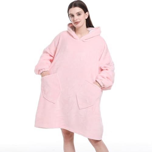 Pink Sherpa Wearable Blanket Hoodie,Oversized Blanket Hooded, Cozy Soft Plush Hooded Blanket for Adult, Warm Christmas Bir...