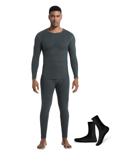 Raueupo Warm Thermal Underwear Set Mens Base Layer Long Johns Winter Hunting Gear Bottom Leggings Top with Mens Crew Socks