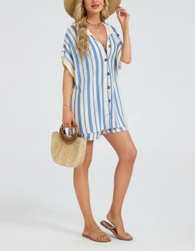 Ladyful Womens Crochet Swimsuit Coverup Sets Summer Short Cap Sleeve Button Up Knit Striped Shirt and Shorts Vacation Sets