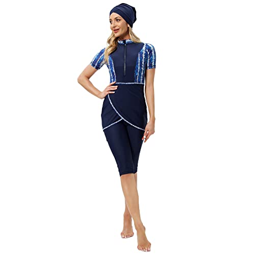 Women Burkini Swimsuits Modest Muslim Swimwear Islamic Short Sleeve Full Cover Hijab Top Swim Capris Pants Set