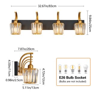 Fdpby Modern Bathroom Vanity Light  4-Light Black Gold Wall Sconce With Crystal Accents  Over Mirror Bathroom Lighting Fixture  32.67 Long Dimmable Vanity Lamp For Makeup  Easy Installation