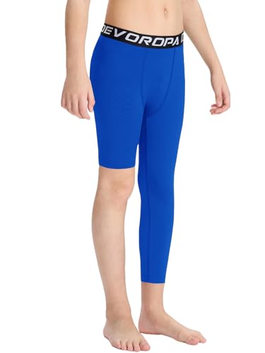 DEVOROPA Youth Boys One Leg Compression Pants for Basketball 3/4 Leggings Sports Tights Kids Athletic Soccer Base Layer