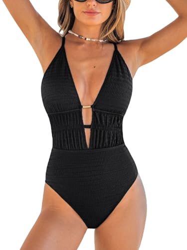 CUPSHE Women's One Piece Swimsuit Plunging Neck Cutouts Bathing Suit Textured Ruched Crisscross Back Self Tie Swimwear