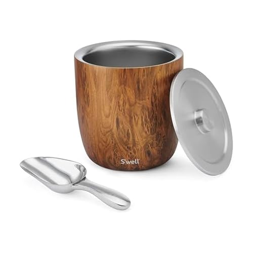 S'well Stainless Steel Ice Bucket XL, 100oz, Teakwood, Includes Lid And Scoop, Triple Layered Vacuum Insulated Container K...