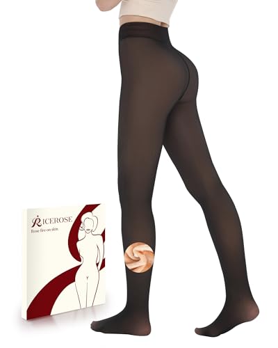 iceROSE Fleece Lined Tights Women - Sheer Black Thermal Leggings Thick Warm Pantyhose Fake Translucent Dress for Cold Winter