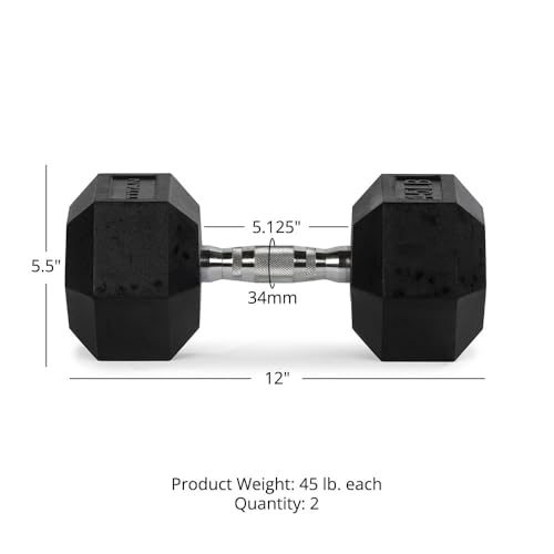 Titan Fitness Pair Rubber Coated Hex Dumbbells, Roll-Resistant Hexagonal Free Weights, Chrome-Coated Handles with Knurlin...