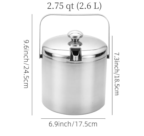 Insulated Ice Bucket with Lid and Scoop & Tong, Double Wall 304 Stainless Steel Ice Bucket for Freezer, Built-in Strainer ...