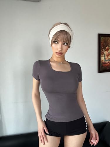 FMNNNN 5 Pack Short Sleeve for Womens Square Neck T Shirts Fashion Casual Basic Tees Tops Summer Outfits Clothes 2026