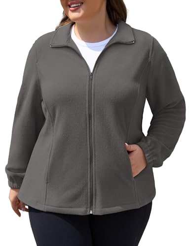 COOTRY Plus Size Fleece Jacket Women Lightweight Zip Up Jackets Soft Warm Long Sleeve Polar Coat with Pockets for Winter