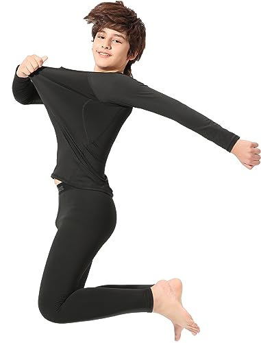 Rolimaka 2 Set Youth Boys' Thermal Underwear Set Fleece Lined Compression Shirt Leggings Pants Kids Base Layer Cold Weather