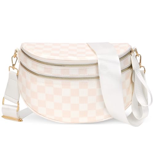 Duyijiff Checkered Crossbody Bum Bag Corduroy Bumbags for Women Large Cross Body Bum Purse Fanny Pack for Daily Use (White)