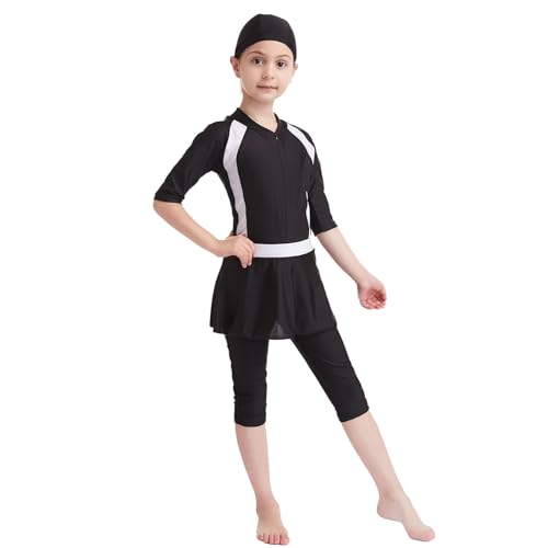 Girls Muslim Swimsuits with Swim Cap & Skirt Rash Guard Full Coverage Full Zip Beach Swimwear for Girls Size 2-15