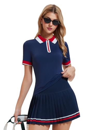 IUK Women's 2-Piece Tennis Skirt Set, Polo V-Neck Top & High-Waisted Pleated Skirt, Athletic Outfit for Golf Pickleball