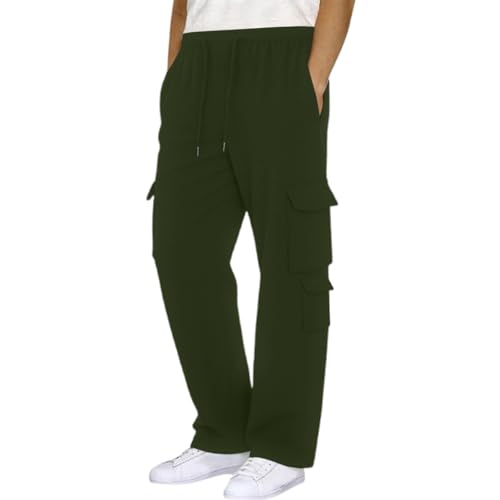 Mens Fleece Lined Cargo Pants 2026 Winter Warm Elastic Waist Cargo Pants Plus Size Solid Color Cotton Workout Hiking Trousers