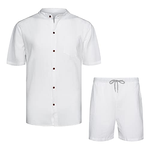 AOTORR Men's 2 Piece Linen Set Button Down Short Sleeve Shirt and Short Beach Outfit