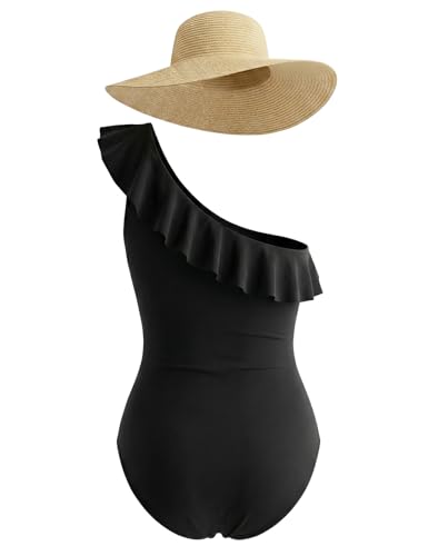 Hilor Women's One Piece Swimsuit One Shoulder Ruffle Tummy Control Bathing Suit Modest Slimming Swimwear Flattering Monokini