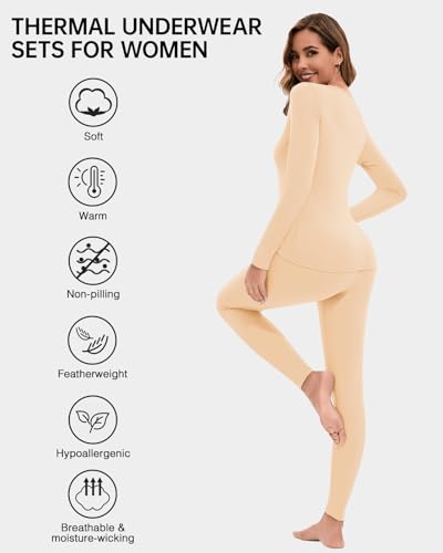 LEYSHE Lace V Neck Thermal Underwear Sets For Women Long Johns Fleece Base Layer Cold Weather Thermal Pajamas Set Top Bottom