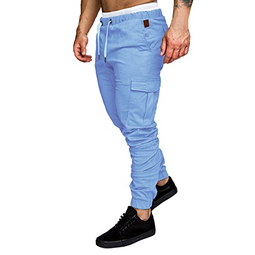 Mens Casual Pants Trendy Outdoor Hiking Athletic Cotton Cargo Pants Solid Color Drawstring Elastic Waisted Jogging Sweatpants