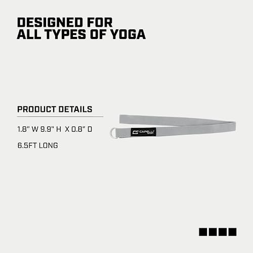 Capelli Sport Yoga Strap Stretch, Fitness and Exercise Elastic Stretching Strap with Steel D-Rings, Grey, 6.5 ft