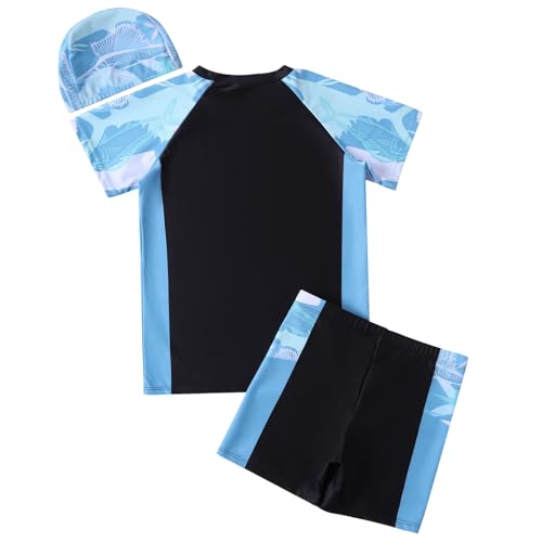 Hotfiary Boys Rash Guard Swimsuits Set Two Piece Short Sleeve Swim Shirts with Trunks Quick Dry Bathing Suit Swimwear 8-15 Y