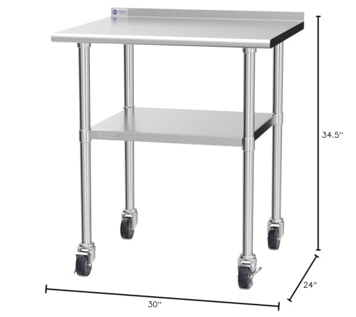 GRIDMANN Stainless Steel Table 30 in. x 24 in., NSF Commercial Kitchen Prep & Work Table w/Backsplash and Wheels