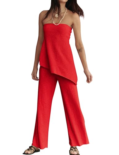 Anoumcy 2 Piece Sets for Women Tube Tops and Pants Lounge Sweater Sets Summer Beach Travel Vacation Outfits