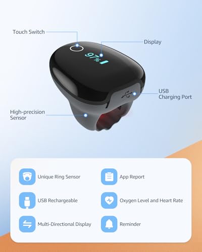 Pulse Oximeter O2 Ring Oxygen Monitor Blood Oxygen Saturation Continuous Recording of SpO2&PR Rechargeable Pulse Ox contin...