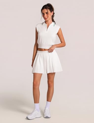 ABOCIW Women Tennis Skirt Set Knit Half Zip Tank Top Tennis Skirt with Shorts 2 Piece Athletic Workout Golf Outfits