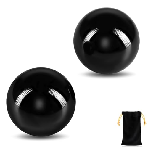 Learay 2 Pcs Black Obsidian Baoding Balls, Chinese Health Exercise Massage Balls with Carry Pouch for Stress Relief Hand E...
