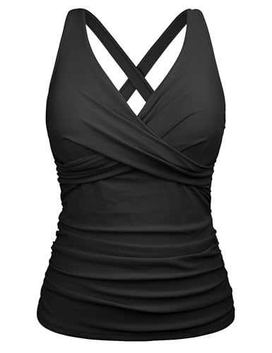 Firpearl Women Underwire Tankini Top Only Twist V Neck Swimsuits for Big Busted Ruched Tummy Control Bathing Suits Top
