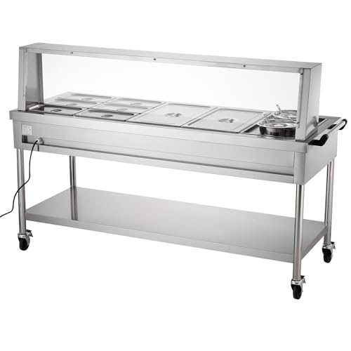 VEVOR Commercial Food Warmer, 8 Pans + 2 Pots Electric Steam Table, 1800W Professional Buffet Catering Food Warmer with Shield Undershelf Wheels, Stainless Steel Server for Party Restaurant