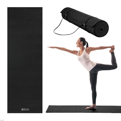 Gaiam Essentials 1/4" Thin (6mm) Yoga & Pilates, Fitness & Exercise Mat with Easy-Cinch Carrier Strap Cusion Support For F...