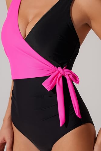 RXRXCOCO Women's Tummy Control One Piece Swimsuits Ruched Wrap V Neck Bathing Suit Slimming Swimwear