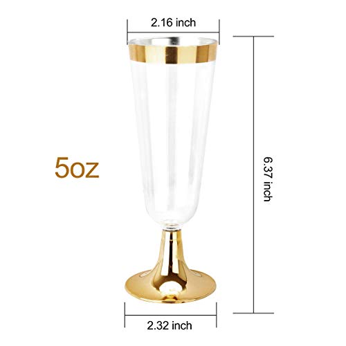 bUCLA 100 Pack Gold Plastic Champagne Flutes - 5OZ Plastic Champagne Glasses With Gold Rim - Premium Quality Gold Disposab...