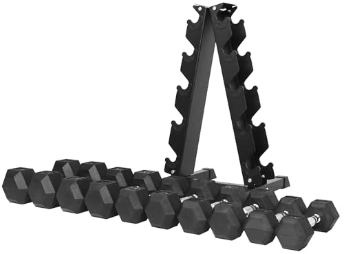 BalanceFrom Rubber Coated Hex Dumbbell Set with A-Frame Rack, Black – Solid Cast Iron Home Gym Weights with Chrome Handles...