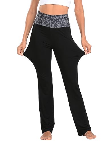 HDE Women's Color Block Fold Over Waist Yoga Pants Flare Leg Workout Leggings