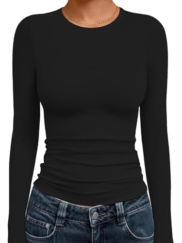 Ekouaer Women Long Sleeve Shirts Thermal Underwear Tops Round Neck Undershirts Slim Fit Basic Tees Soft Lightweight Tshirts